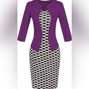 Liva Girl Purple Patterned Business Casual Work One-Piece Bodycon Dress - S